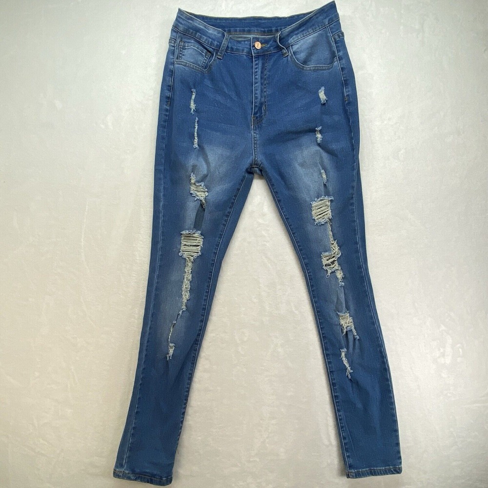 KUNMI Distressed Ripped Skinny Jeans Juniors Denim Casual‎ Blue Large 29x29